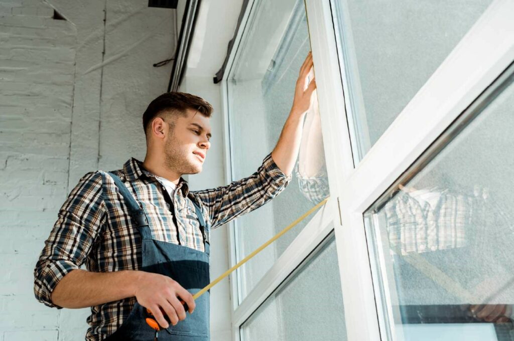 Un operaio mentre installa infissi in alluminio.